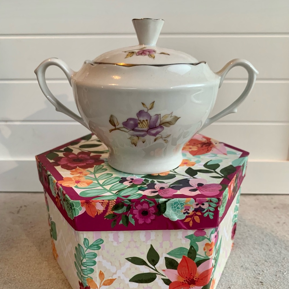 Vintage Floral Porcelain Sugar Bowl Signed Ceramic With Lid & Gift Box (Poland)